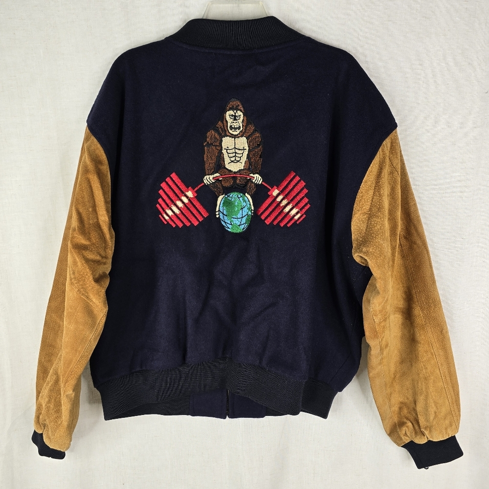 Vintage World Gym Tony Nowak Mens XL Leather Embroidered Navy Brown Jacket